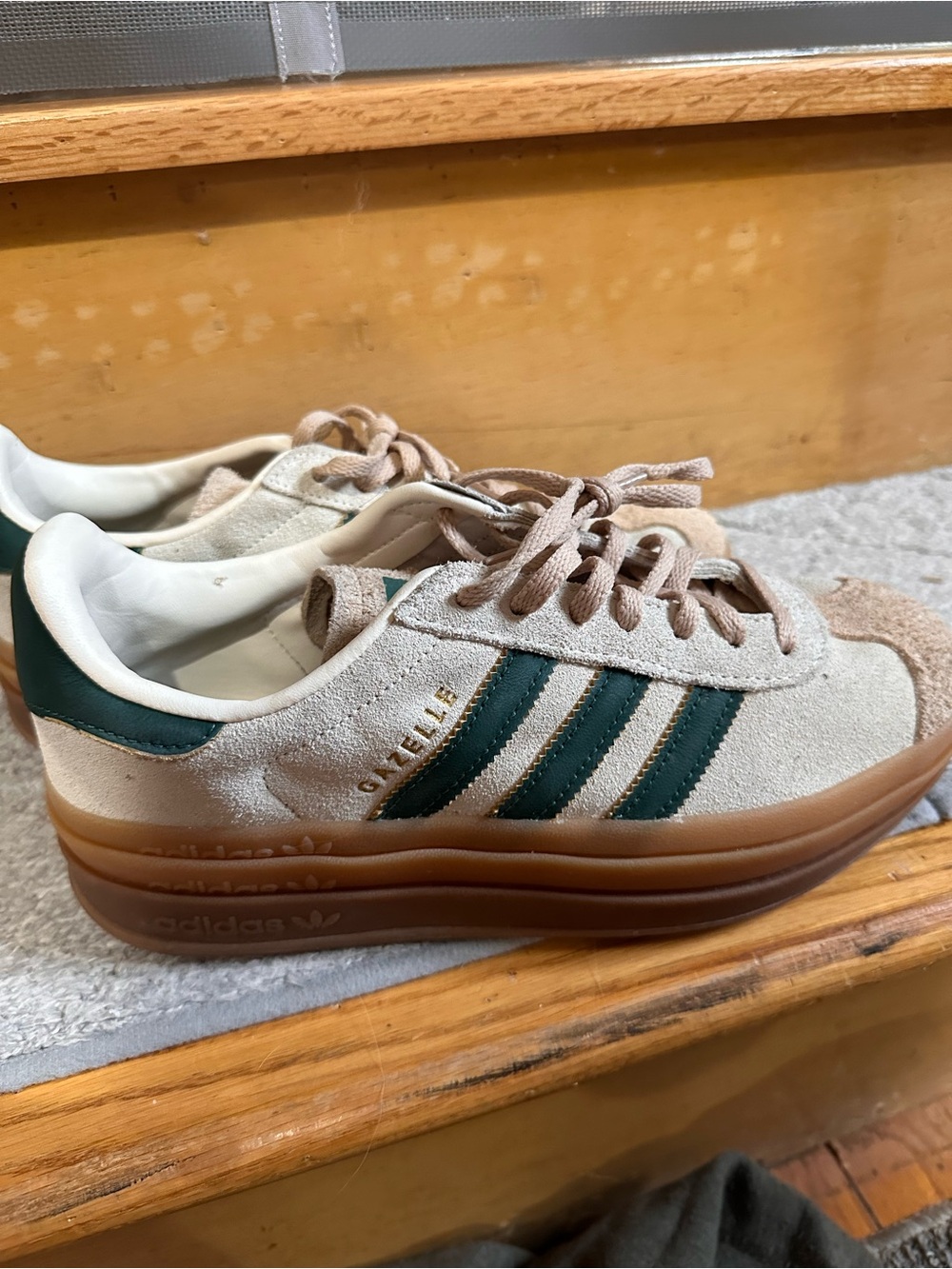 adidas Beige Suede Platform Sneakers with Dark Green Stripes